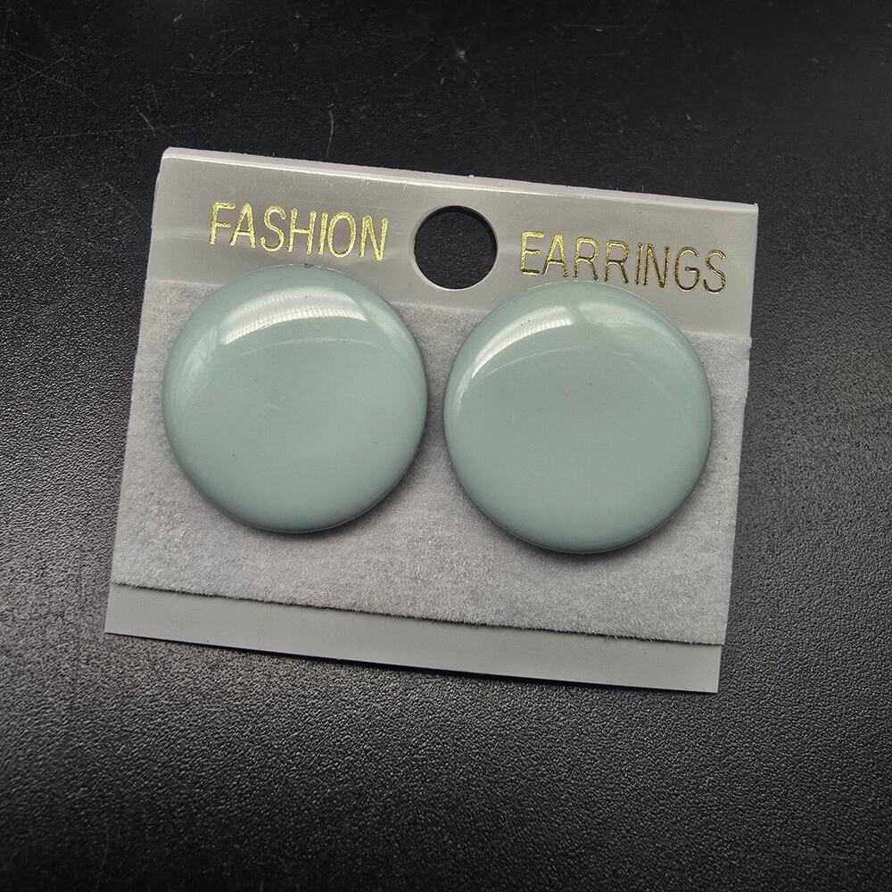 Dusty Blue Round Button Earrings Pale Teal Vintage 1980s NOS NWT